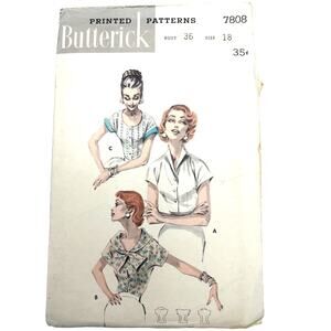 Butterick Vintage 1956 Pattern #7808 Button Front Blouse Size 18 HTF RARE